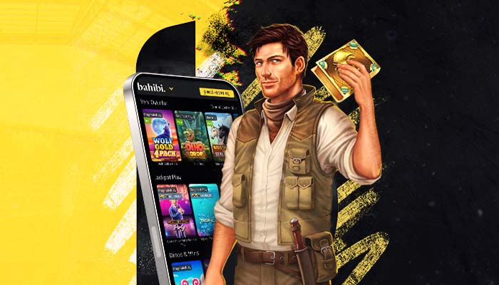 Bahibi casino mobil ekran i&ccedil;inde dururken, maceracı slot karakteri telefon ekranının &ouml;n&uuml;nde