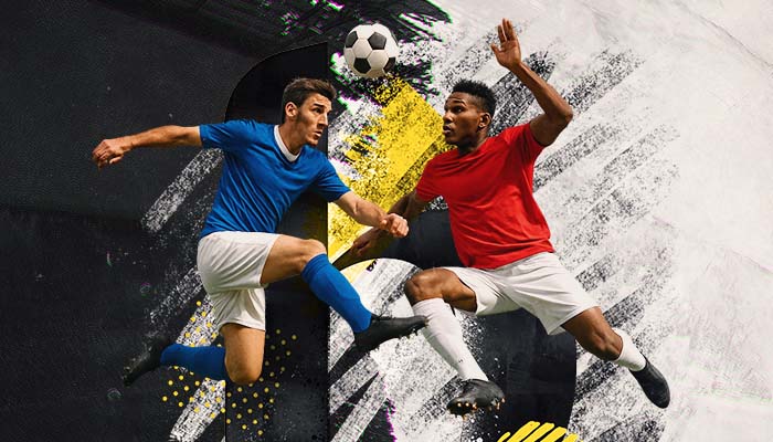 bahibi futbol bahisleri tanıtımı için mavi ve kırmızı formalı iki futbolcu topa hamle yapıyor