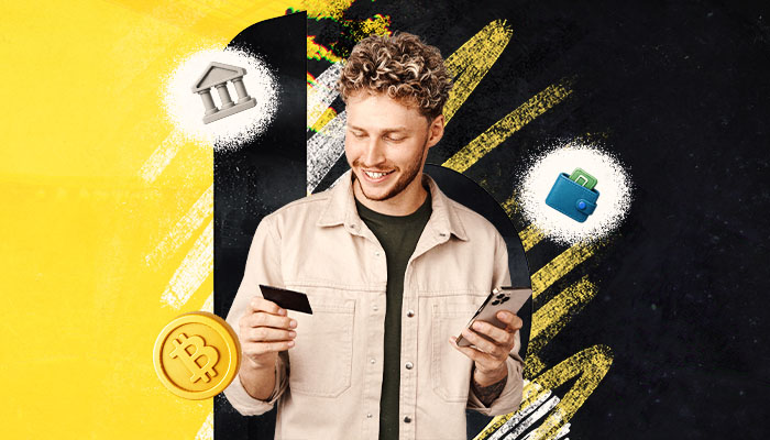 Bahibi yatırım yöntemleri için telefon kullanan erkek, kredi kartı ve bitcoin simgesi