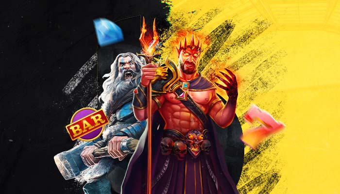 Ta&ccedil;lı şeytan ve asa tutan yaşlı adam i&ccedil;eren slot temalı karakterler