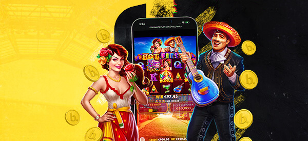 Telefon ekranında Mariachi temalı slot oyunu, kadın ve gitar çalan erkek ile