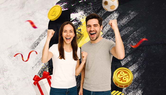 Bahibi spor bahisleri için sevinen kadın ve erkek ile altın jetonlar